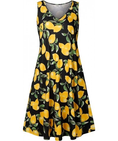 Women's Summer Beach Dresses V-Neck Floral Printed Tank Swing Dress Plus Size with Pocket(L-5XL) Black Lemon $20.05 Dresses