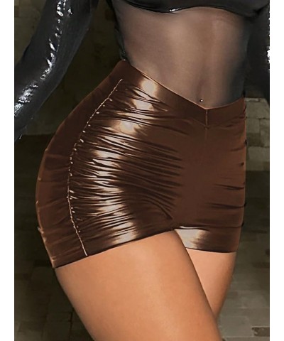 Women's PU Leather Ruched Biker Shorts Solid Mid Waist Night Out Party Bottoms Coffee Brown $17.91 Leggings