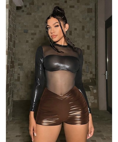 Women's PU Leather Ruched Biker Shorts Solid Mid Waist Night Out Party Bottoms Coffee Brown $17.91 Leggings