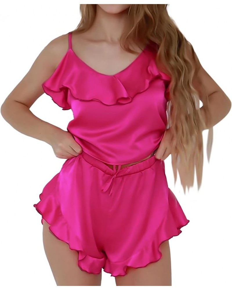 Women's Sexy Silk Satin Pajamas Sets with Ruffle Cami Tops Shorts Sleepwear Casual Two-Piece Sleepwear Lounge Set Loungewear ...