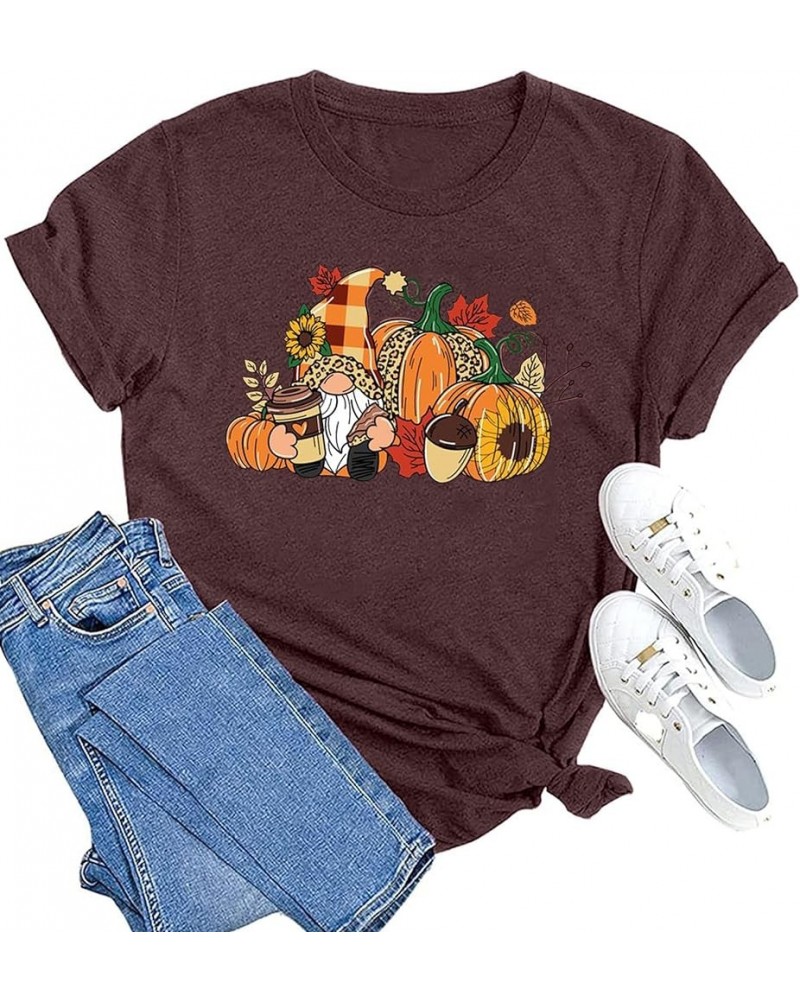 Women Thanksgiving Gnomes Shirts Cute Gnomie Thankful Gift Tshirt Fall Leaf Short Sleeve Darkred-2 $9.20 T-Shirts