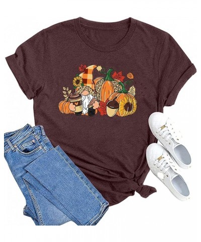 Women Thanksgiving Gnomes Shirts Cute Gnomie Thankful Gift Tshirt Fall Leaf Short Sleeve Darkred-2 $9.20 T-Shirts