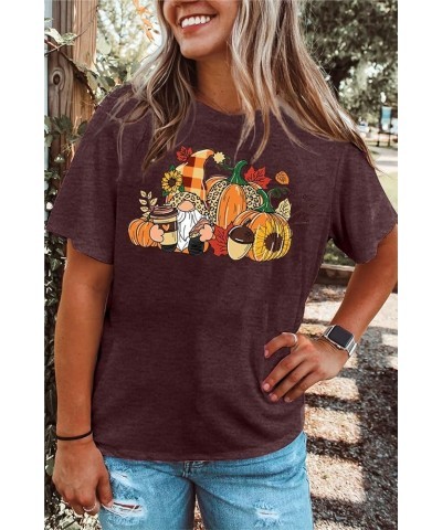 Women Thanksgiving Gnomes Shirts Cute Gnomie Thankful Gift Tshirt Fall Leaf Short Sleeve Darkred-2 $9.20 T-Shirts