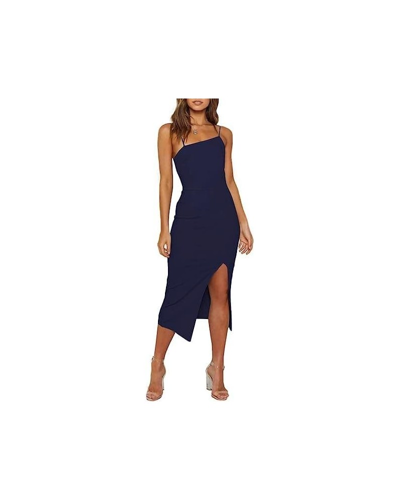 Women's Spaghetti Straps Bodycon Midi Dresses Sleeveless Split Hem Zipper Party Dress Navy Blue $13.24 Dresses