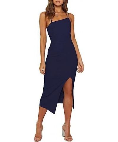 Women's Spaghetti Straps Bodycon Midi Dresses Sleeveless Split Hem Zipper Party Dress Navy Blue $13.24 Dresses