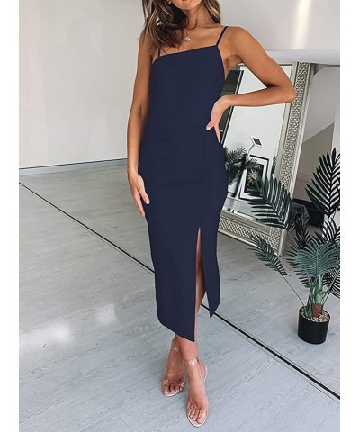 Women's Spaghetti Straps Bodycon Midi Dresses Sleeveless Split Hem Zipper Party Dress Navy Blue $13.24 Dresses