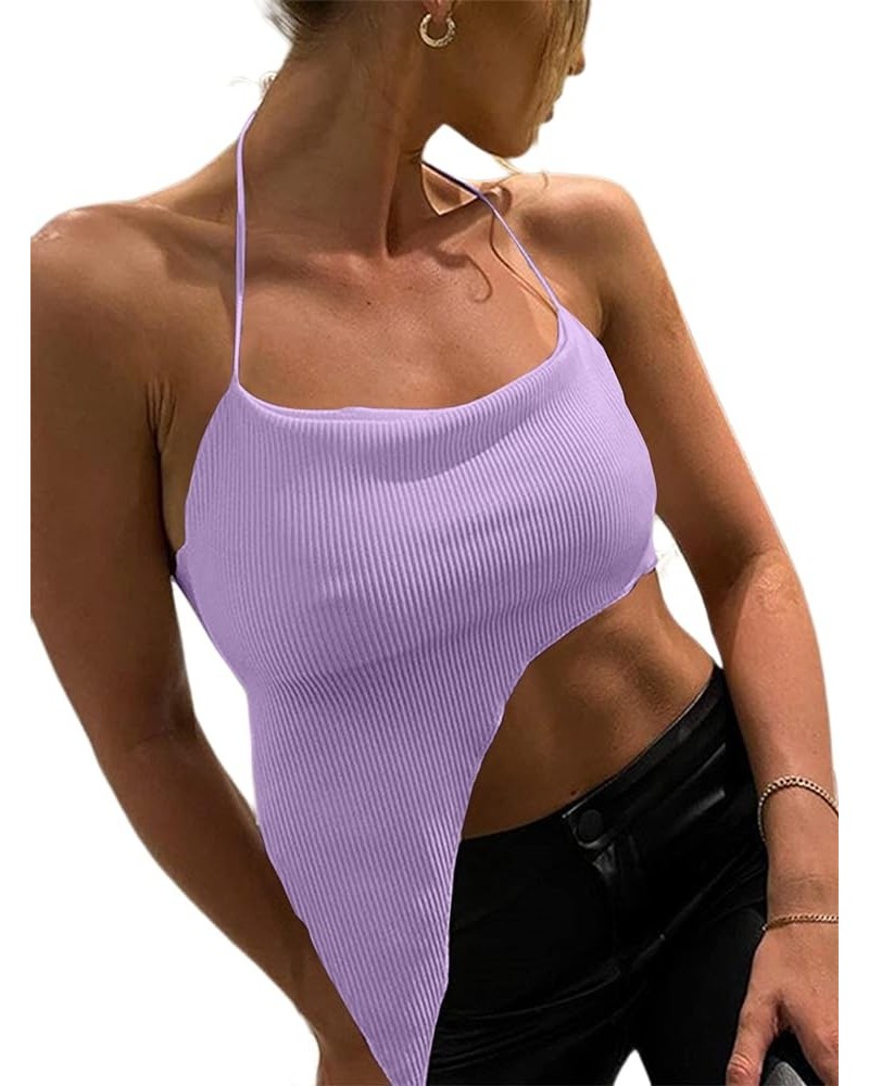 Women's Sexy Halter Crop Top Asymmetrical Hem Ribbed Knit Cami Tank Tops A-purple $8.09 Tanks