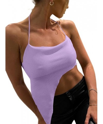 Women's Sexy Halter Crop Top Asymmetrical Hem Ribbed Knit Cami Tank Tops A-purple $8.09 Tanks