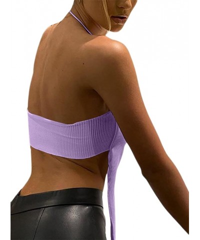 Women's Sexy Halter Crop Top Asymmetrical Hem Ribbed Knit Cami Tank Tops A-purple $8.09 Tanks