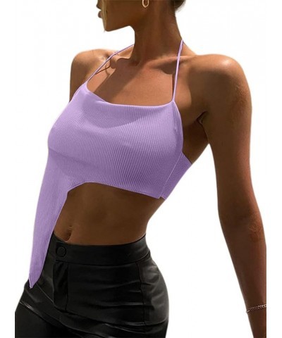 Women's Sexy Halter Crop Top Asymmetrical Hem Ribbed Knit Cami Tank Tops A-purple $8.09 Tanks