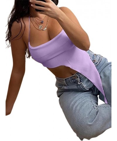 Women's Sexy Halter Crop Top Asymmetrical Hem Ribbed Knit Cami Tank Tops A-purple $8.09 Tanks