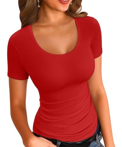 Summer Women's Scoop Neck Short Sleeve Shirts Ribbed Slim Fitted Casual Basic Top Blouses Short Sleeve Red $12.47 Blouses