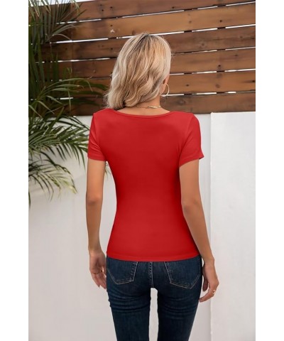 Summer Women's Scoop Neck Short Sleeve Shirts Ribbed Slim Fitted Casual Basic Top Blouses Short Sleeve Red $12.47 Blouses