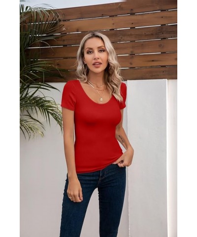 Summer Women's Scoop Neck Short Sleeve Shirts Ribbed Slim Fitted Casual Basic Top Blouses Short Sleeve Red $12.47 Blouses