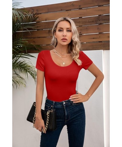 Summer Women's Scoop Neck Short Sleeve Shirts Ribbed Slim Fitted Casual Basic Top Blouses Short Sleeve Red $12.47 Blouses