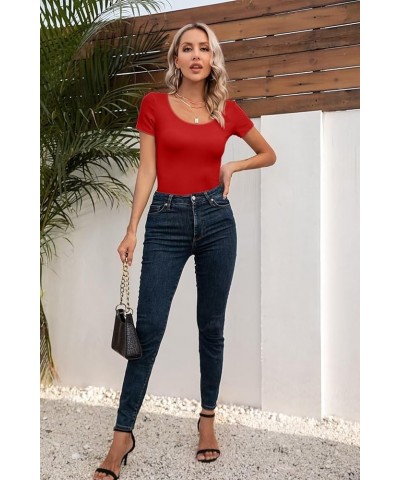 Summer Women's Scoop Neck Short Sleeve Shirts Ribbed Slim Fitted Casual Basic Top Blouses Short Sleeve Red $12.47 Blouses