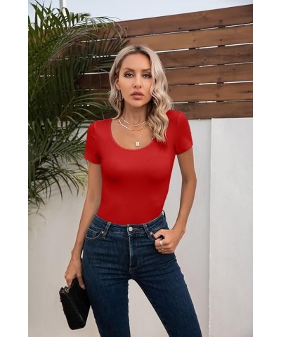 Summer Women's Scoop Neck Short Sleeve Shirts Ribbed Slim Fitted Casual Basic Top Blouses Short Sleeve Red $12.47 Blouses