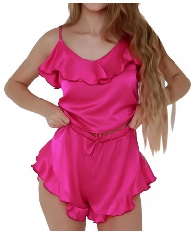 Women's Sexy Silk Satin Pajamas Sets with Ruffle Cami Tops Shorts Sleepwear Casual Two-Piece Sleepwear Lounge Set Loungewear ...