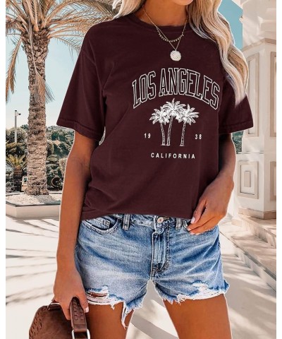 Women Los Angeles Graphic T Shirts California Letter Print Short Sleeve Tee Loose Casual Tops 11 Burgundy $10.56 T-Shirts