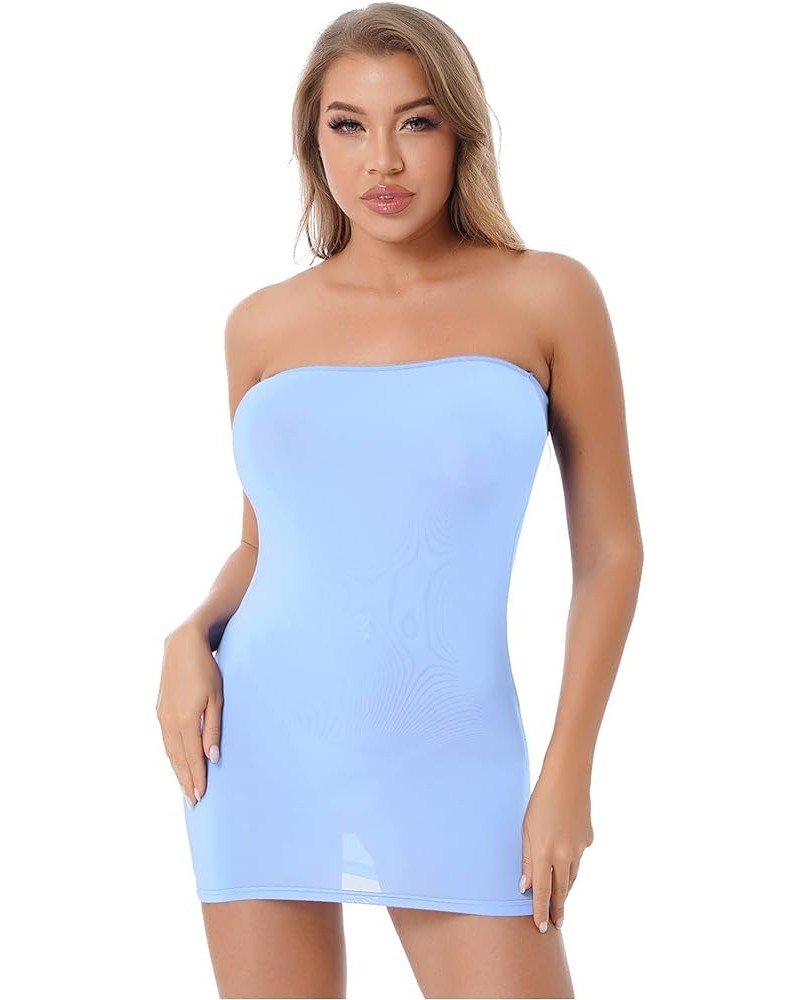 Women's One Piece Strapless Long Tube Top Mini Dress Zipper Front Bodycon Dresses Nightclub Light Blue $10.32 Dresses