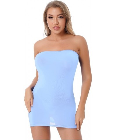 Women's One Piece Strapless Long Tube Top Mini Dress Zipper Front Bodycon Dresses Nightclub Light Blue $10.32 Dresses