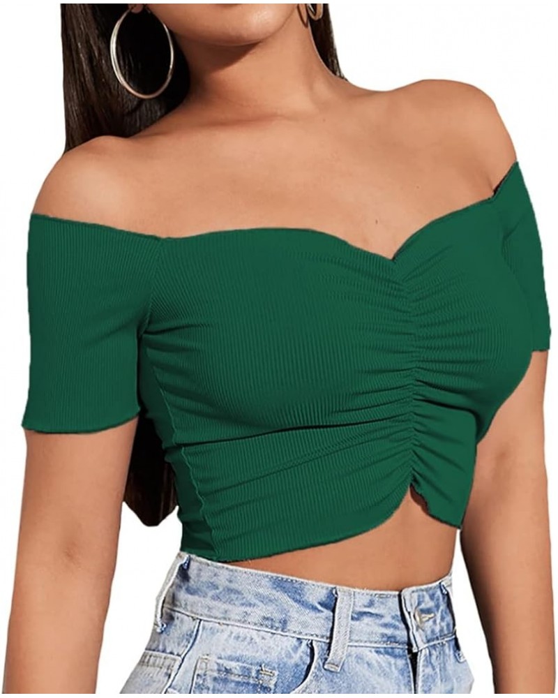 Women's Off Shoulder Ruched Short Sleeve Rib Knit Sexy Crop Top Blouse Dark Green $15.00 Blouses