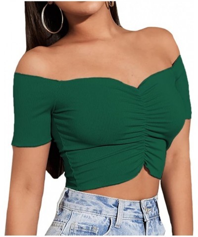 Women's Off Shoulder Ruched Short Sleeve Rib Knit Sexy Crop Top Blouse Dark Green $15.00 Blouses