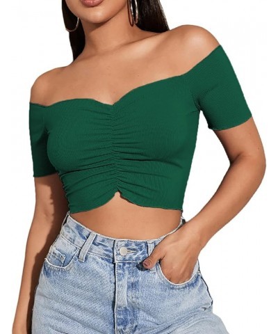 Women's Off Shoulder Ruched Short Sleeve Rib Knit Sexy Crop Top Blouse Dark Green $15.00 Blouses