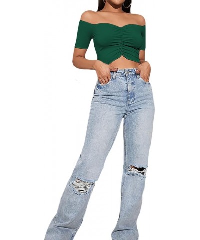 Women's Off Shoulder Ruched Short Sleeve Rib Knit Sexy Crop Top Blouse Dark Green $15.00 Blouses