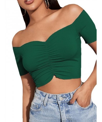 Women's Off Shoulder Ruched Short Sleeve Rib Knit Sexy Crop Top Blouse Dark Green $15.00 Blouses