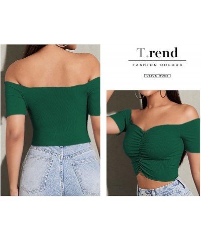 Women's Off Shoulder Ruched Short Sleeve Rib Knit Sexy Crop Top Blouse Dark Green $15.00 Blouses