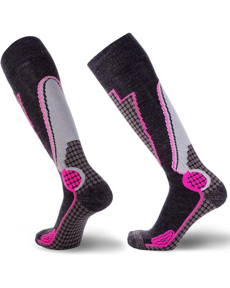 High Performance Wool Ski Socks - Thermal Warm Merino Wool OTC Sock, Men Women 1 Pair - Black/Grey/Neon Pink $28.03 Socks