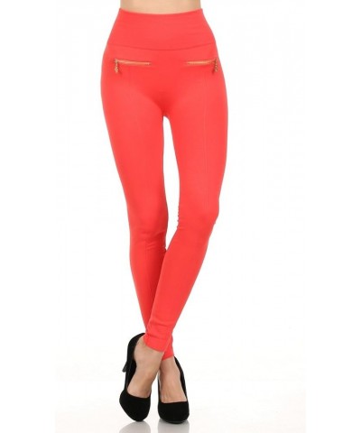 Women's High Waist Fleece Lined Legging with Double Zipper Detail Coral $10.79 Leggings