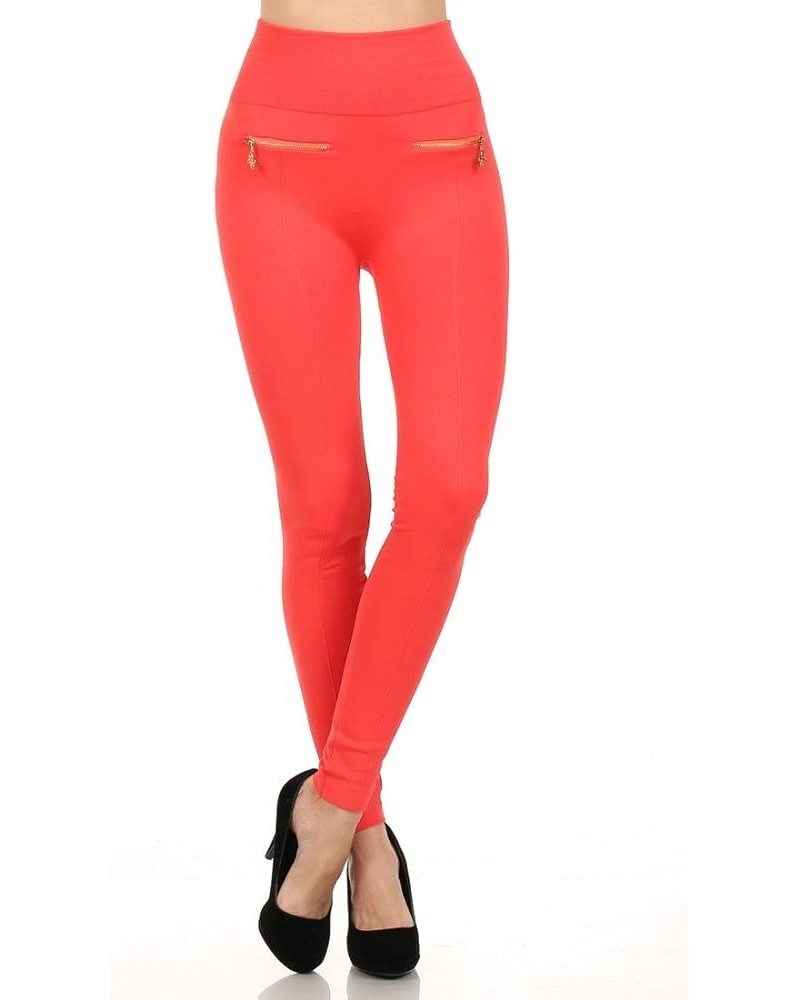 Women's High Waist Fleece Lined Legging with Double Zipper Detail Coral $10.79 Leggings