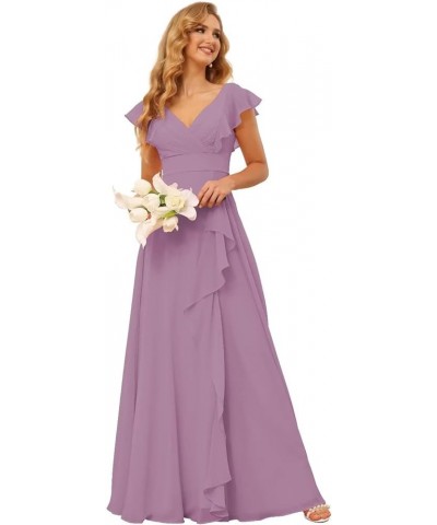 Long Chiffon Bridesmaid Dresses for Women V Neck Ruffled Split Long Formal Evening Dress CM176 Dusty Purple $24.08 Dresses