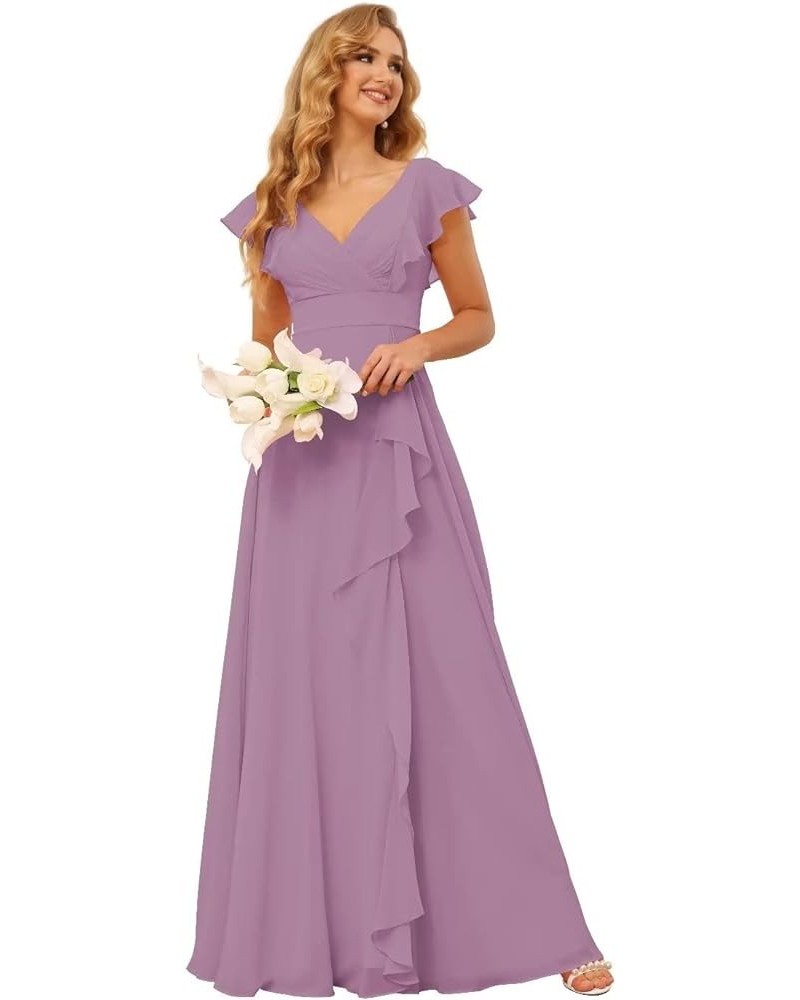 Long Chiffon Bridesmaid Dresses for Women V Neck Ruffled Split Long Formal Evening Dress CM176 Dusty Purple $24.08 Dresses