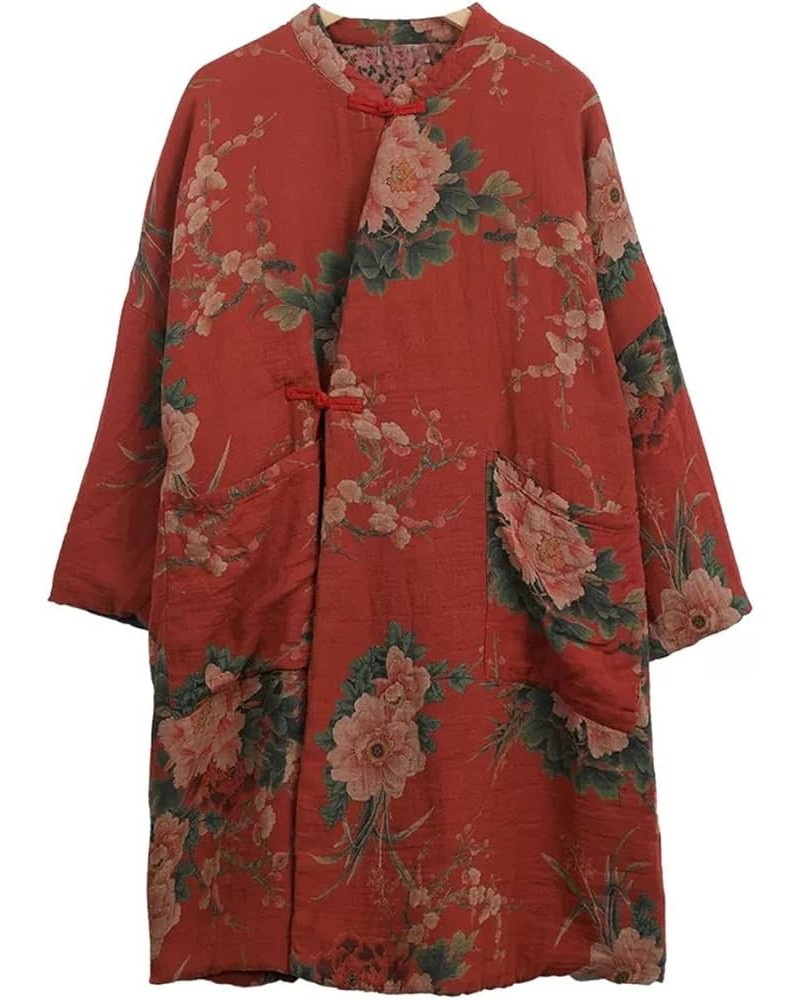 Women Cotton Jacket Kimono Style Soft Quilted Flower Printed Long Loose Outwear Coats with Pockets Red $31.20 Jackets