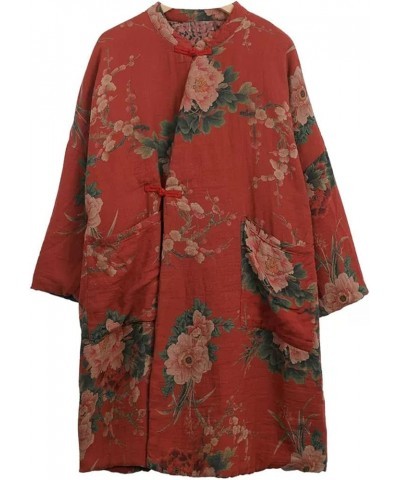 Women Cotton Jacket Kimono Style Soft Quilted Flower Printed Long Loose Outwear Coats with Pockets Red $31.20 Jackets