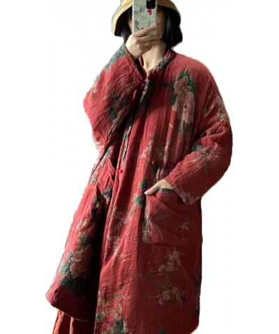 Women Cotton Jacket Kimono Style Soft Quilted Flower Printed Long Loose Outwear Coats with Pockets Red $31.20 Jackets