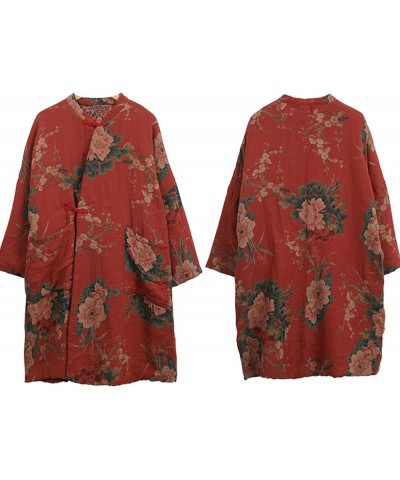 Women Cotton Jacket Kimono Style Soft Quilted Flower Printed Long Loose Outwear Coats with Pockets Red $31.20 Jackets