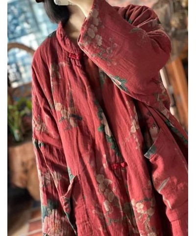 Women Cotton Jacket Kimono Style Soft Quilted Flower Printed Long Loose Outwear Coats with Pockets Red $31.20 Jackets