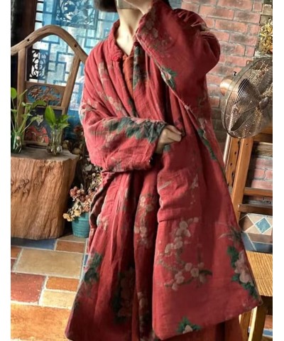 Women Cotton Jacket Kimono Style Soft Quilted Flower Printed Long Loose Outwear Coats with Pockets Red $31.20 Jackets