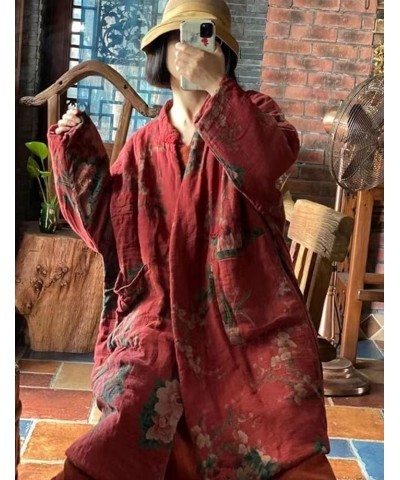 Women Cotton Jacket Kimono Style Soft Quilted Flower Printed Long Loose Outwear Coats with Pockets Red $31.20 Jackets