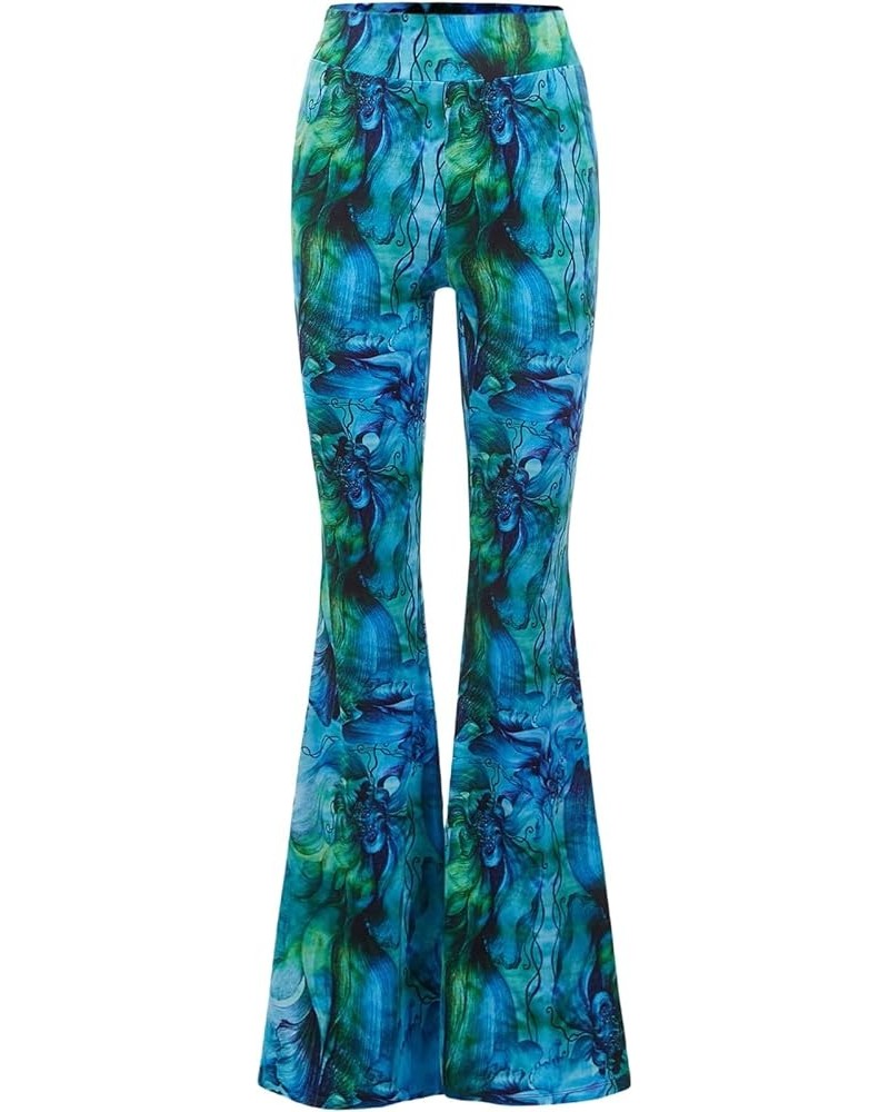 Women's Floral Print Elastic Waist Flare Leg Pants Stretchy Casual Long Pants Green and Blue $20.05 Pants