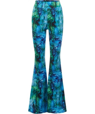 Women's Floral Print Elastic Waist Flare Leg Pants Stretchy Casual Long Pants Green and Blue $20.05 Pants