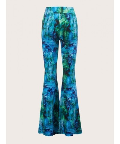 Women's Floral Print Elastic Waist Flare Leg Pants Stretchy Casual Long Pants Green and Blue $20.05 Pants