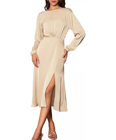 Women's Long Sleeve Satin Wedding Guest Dress with Slit Elegant Boat Neck High Waist A-Line Midi Dress Apricot $29.14 Dresses