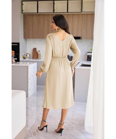 Women's Long Sleeve Satin Wedding Guest Dress with Slit Elegant Boat Neck High Waist A-Line Midi Dress Apricot $29.14 Dresses