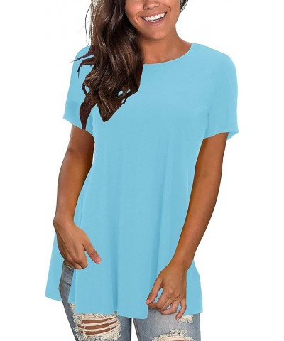 Womens Short Sleeves Casual Swing Tunic Top Crew Neck T Shirt Light Blue $8.11 T-Shirts