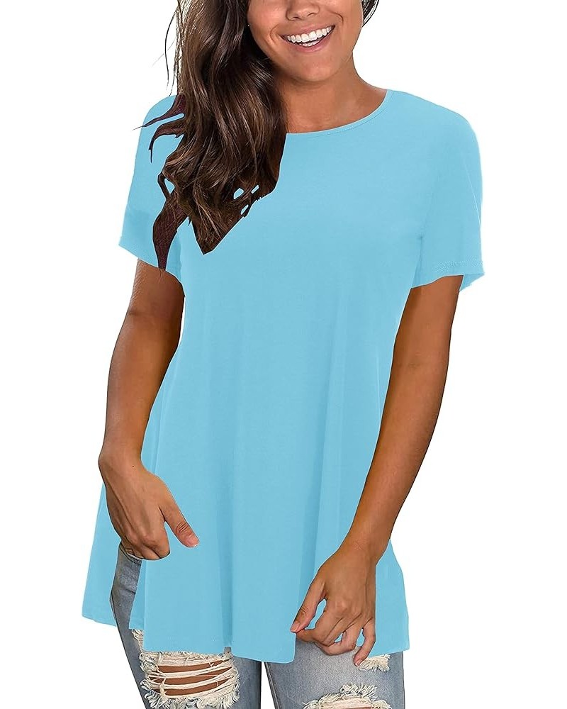 Womens Short Sleeves Casual Swing Tunic Top Crew Neck T Shirt Light Blue $8.11 T-Shirts